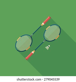 Badminton rackets flat square icon with long shadows.