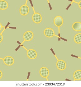 Badminton rackets seamless pattern in color.Sports equipment is located randomly on green.Background or texture for printing on fabric and paper.Endless wallpaper,cover.Vector flat illustration.