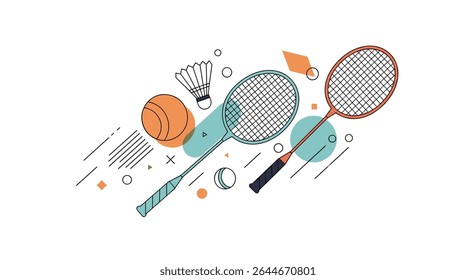 Badminton raquetes shuttlecock e bola vetor ilustração esportes equipamentos de fundo elementos design