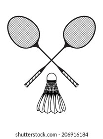 Badminton rackets and shuttlecock in black and white