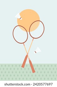 Badminton rackets and shuttlecock on abstract grass pattern and sun in the sky on background. Sport poster in retro style. Vintage vector illustration. Summer outdoor playing game.