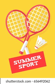 Badminton rackets and shuttlecock on yellow background. Summer sport banner. Flat style. Vector.