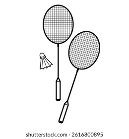 Badminton rackets and shuttlecock. Outline vector illustration, isolated on white background.	
