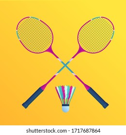 Badminton rackets with shuttlecock set. Sports equipment for badminton isolated vector illustration. Colorful rackets on yellow background. Sports game competition and tournament sign.