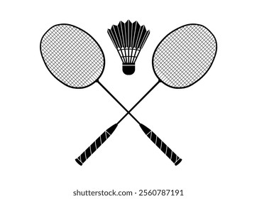 Badminton rackets with shuttlecock silhouette on white background