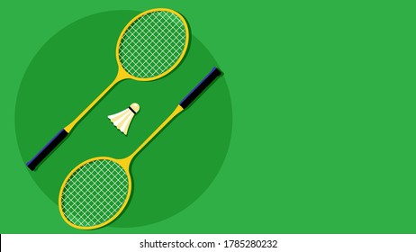 Badminton rackets and shuttlecock. Sports equipment, rackets, top view, green background. Sporting goods. Illustration for championship, tournament, competition. Modern vector illustration.