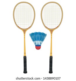 Badminton rackets and shuttlecock, vector illustration isolated on white background. Essential badminton sport game equipment.