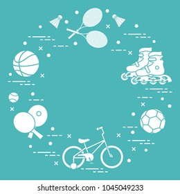 Badminton rackets and shuttlecocks, football and basketball balls, rackets and balls for table tennis, kids bicycle, rollers. Sports and healthy lifestyle from childhood.