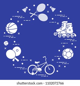 Badminton rackets and shuttlecocks, football and basketball balls, rackets and balls for table tennis, kids bicycle, rollers. Sports and healthy lifestyle from childhood.