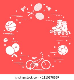 Badminton rackets and shuttlecocks, football and basketball balls, rackets and balls for table tennis, kids bicycle, rollers. Sports and healthy lifestyle from childhood.