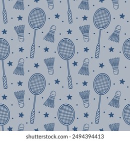 Raquetas de bádminton y relojes de línea Doodle de arte en diseño de patrón sin costuras gris