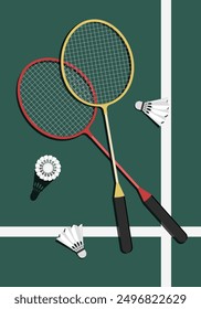 Raquetas de bádminton y relojes lanzadera en la cancha. Ilustración vectorial de bádminton para cartel, fondo y volante