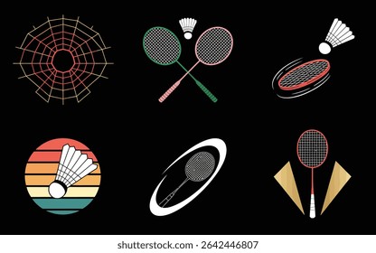 Raquetes de badminton e shuttlecocks em vários desenhos gráficos em preto
