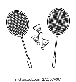 Raquetas de bádminton y Ilustración vectorial de volantes. Conjunto de contorno de equipo de bádminton dibujado a mano