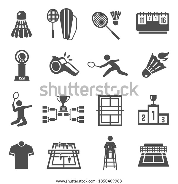 Badminton racquet, shuttlecock, court bold black\
silhouette icon set isolated on white. Prize cup, judge, game\
pictograms collection, logos. Sport uniform, player, match vector\
elements for web.