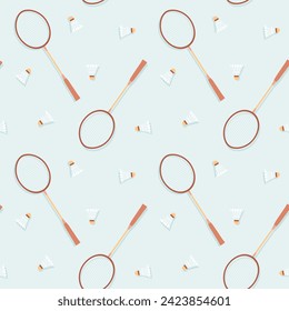 Badminton seamless pattern. Rackets and shuttlecocks with smooth shadows on pastel blue background. Summer sport wallpaper.