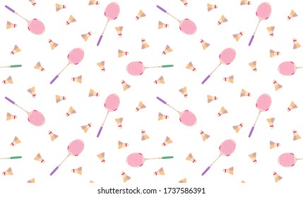 Badminton seamless pattern in retro style.Tennis game texture. Sport Graphic modern Vector cover. Flat concept decorative abstract geometric. Yellow racket and shuttlecock on white background.
