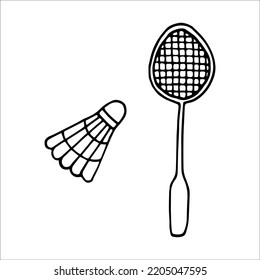 Badminton set doodle style vector illustration isolated on white background. Hand drawn shuttlecock and racket