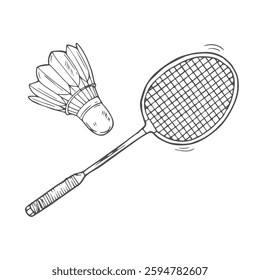 Badminton set doodle style vector illustration isolated on white background. Hand drawn shuttlecock and racket