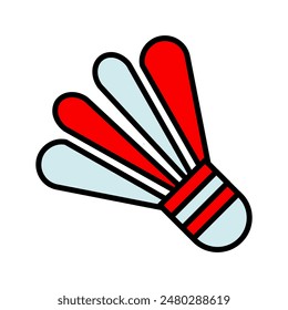 Badminton set icon. Shuttlecock, red and blue feathers, sports equipment, recreation, game, competition, fitness, outdoor activity, racquet, leisure.