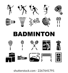 badminton shuttlecock competition icons set vector. racket sport, game tournament, athlete player, activity play, action championship badminton shuttlecock competition glyph pictogram Illustrations