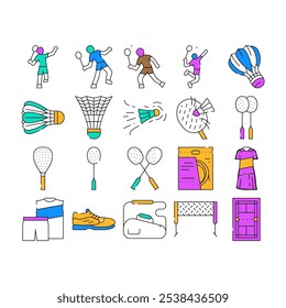 badminton shuttlecock competition icons set vector. racket sport, game tournament, athlete player, activity play, action championship badminton shuttlecock competition color Contour Illustrations