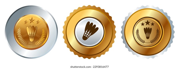 Badminton shuttlecock game sport medal championship winner gold silver bronze badges circle shape 