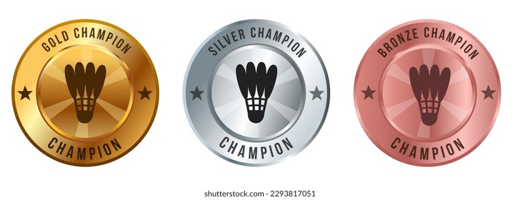 Badminton shuttlecock game sport medal championship winner gold silver bronze badges circle shape 