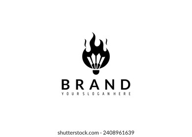 Badminton shuttlecock logo design with flame combination in flat vector style