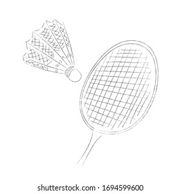 Badminton shuttlecock and racket in a simple line style. Hand drawn sketch, elements isolated on white background. Illustration of summer games, outdoor activity.