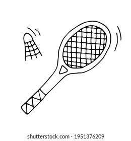 Badminton. Shuttlecock and racket. Sports and recreation. Doodle. Vector. Hand-drawn illustration. Coloring. Black and white outline. Silhouette.