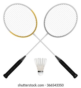 Badminton shuttlecock and rackets on a white background.