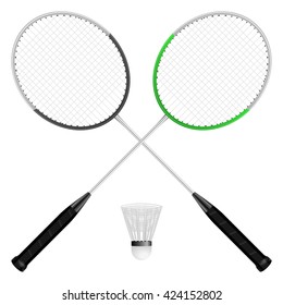 Badminton shuttlecock and rackets on a white background.