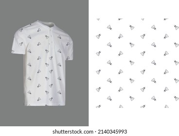 Badminton Shuttlecock Seamless AOP in White Henley Tee. Editable Vector.