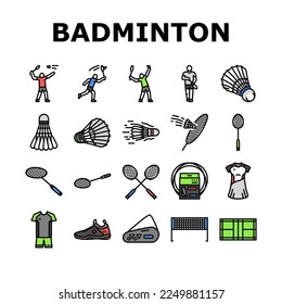 badminton shuttlecock sport icons set vector. competition racket, player game, tournament athlete, activity professional, action badminton shuttlecock sport color line illustrations