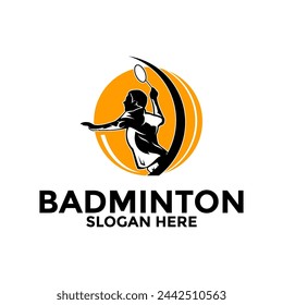 Badminton Silhouette Logo vector, Aggressive Jumping Smash player badminton logo design