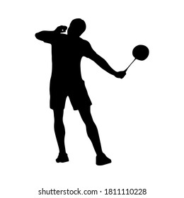 Badminton. Silhouette of a man performing a forehand serve. Vector illustration.