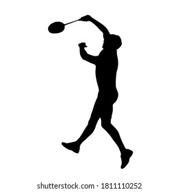 Badminton. Silhouette of a man performing a jump stick smash. Vector illustration.