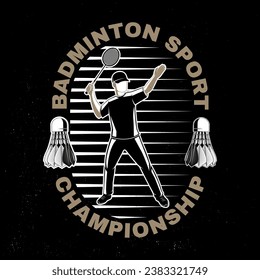 Badminton Sportausweis, Patch, Emblem, Logo. Vektorgrafik. Vintage Badminton Label mit Badminton Player und Shuttlecock Silhouetten. Konzept für Hemd oder Logo, Druck, Stempel oder Abschlag.