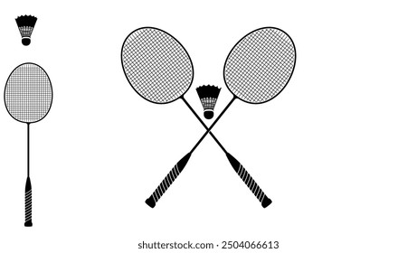 Badminton sport equipments, badminton racket and shuttlecock, black isolated silhouette