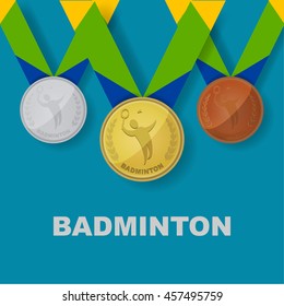 Badminton sport icon on medal award set with Brazilian color theme designed of ribbon in vector illustration 
