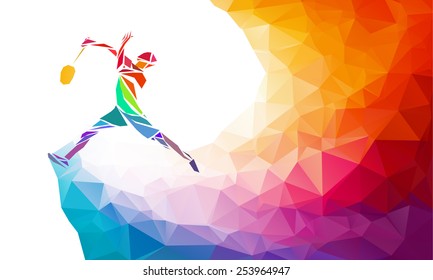 Badminton sport invitation poster or flyer background with empty space, banner template. Colorful polygonal triangle background. Vector illustration.