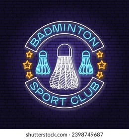 Badminton sport neon emblem. Vector illustration. Vintage badminton label with racket and shuttlecock silhouettes. Concept for shirt or logo, print, stamp or tee.