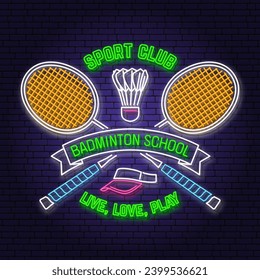 Badminton sport neon emblem. Vector illustration. Vintage badminton label with racket and shuttlecock silhouettes. Concept for web banner, nightly advertising
