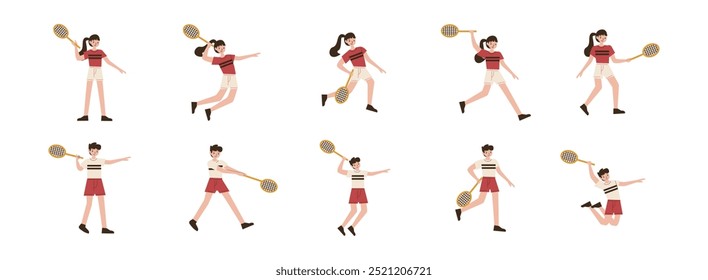 Conjunto de ilustração plano Badminton Sport Player. Incluir jogador, raquete, salto esmagar, e servir. Ilustração vetorial isolada.