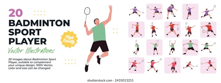 Badminton Sport Player Illustration. collection scenes of male and female holding racket and doing Badminton Sport. Vector Illustration