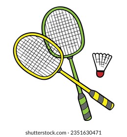 badminton sports branch logo. the icon of the badminton sport, there is a racket and shuttlecock. This sport can be played by 2 people (singles) or 2 pairs (doubles).