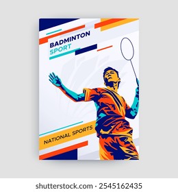 badminton esportes conceito cartaz design, ilustração vetorial de um atleta badminton com um salto esmagador. design estilo silhueta colorida, grunge. badminton nacional esportes celebração do dia 