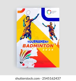 badminton esportes conceito cartaz design, ilustração vetorial de um atleta badminton com um salto esmagador. design estilo silhueta colorida, grunge. badminton nacional esportes celebração do dia 