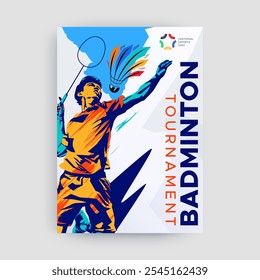 badminton esportes conceito cartaz design, ilustração vetorial de um atleta badminton com um salto esmagador. design estilo silhueta colorida, grunge. badminton nacional esportes celebração do dia 